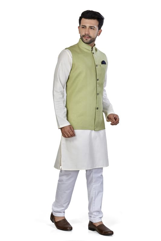 Be Active Men's Solid Linen Blend Kurta Pyjama 3 Piece Set || Men Kurta Pajama With Modi Jacket || Kurta Pajama Nehru Jacket For Men (N-Rfset0014-1-S)