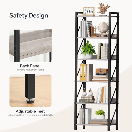Image of HOOBRO Bookshelf, 6-Tier Industrial Bookcase, Book Shelf Storage Organizer, Tall Bookshelf with Metal Frame for Living Room, Bedroom, Home Office, Kitchen, Greige and Black BG72SJ01