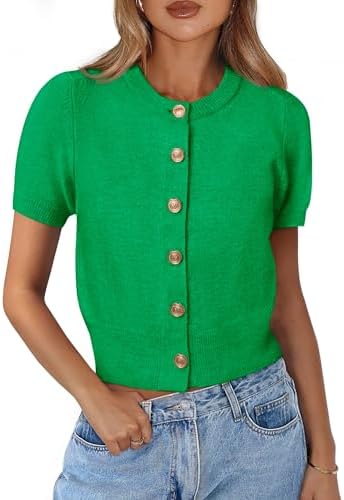 PRETTYGARDEN Womens Casual Summer Short Sleeve Cardigans 2026 Button Down Knitted Sweater Basic Crew Neck Crop Tops