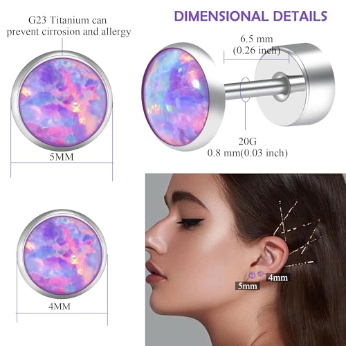 Opal Stud Earrings for Women G23 Titanium Hypoallergenic Earrings Round Flat Back Ear Studs Minimalist Everyday Earring 3MM/4MM/5MM Available2