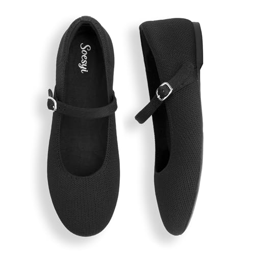 Women's Round Toe Ballet Flats Comfortable Mary Jane Shoes Dressy Slip On Knit Flats Adjustable Straps Washable Flats