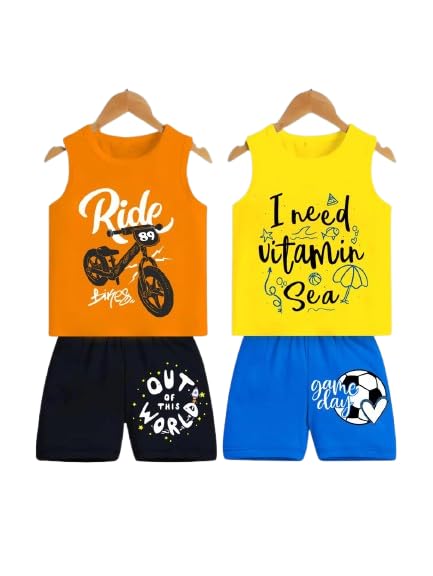 Baby Boys 100% Cotton Summer Sleeveless Boys Tank Top & Shorts Sets Pack Of 2