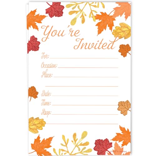 Fall Leaves Fill In Invitations - Autumn Wedding, Bridal Shower, Baby Shower, Engagement Party, Birthday - 20 Count Invites With Envelopes