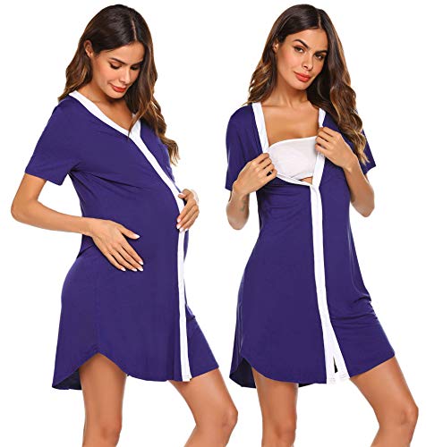 Image of Ekouaer Womens, Button-Front Nightgown Nightshirt, Nursing Sleepshirt, Short Sleeve, Breastfeeding Sleepwear, Violet, Medium