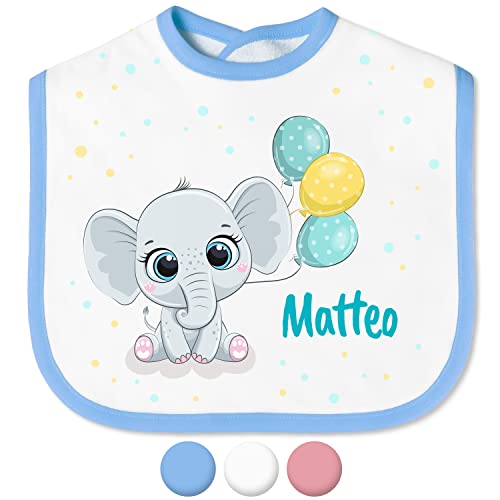 Babylätzchen mit Namen für Mädchen & Jungen – Lätzchen für Baby & Kleinkind personalisiert - mit Klettverschluss – Spucktuch Latz Kinderlätzchen - Geschenk für Kleinkinder (Elefant, Blau)