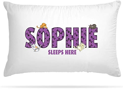 Personalised Cute Cat Pillow Case With 2 Design & Add Custom Name Option - Cute Bedroom Decor Gifts for Girls - Party Decorations - Slumber Party Decor - Customised Cushion Cover For Birthday (Purple)