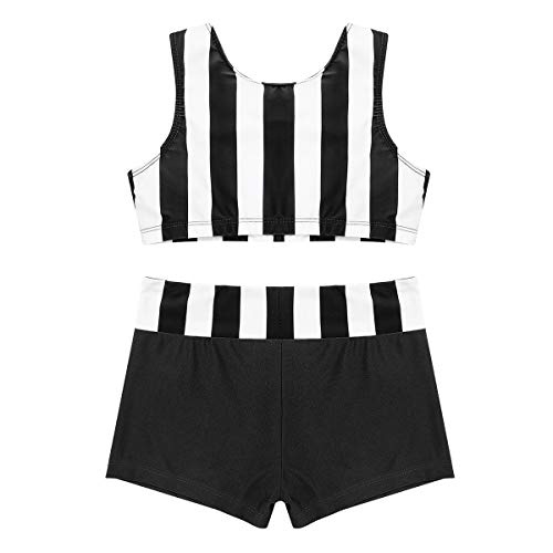 YiZYiF Kids Girls Basic 2 Piece Active Outfit Crop Top and Shorts Set for Gymnastics/Dancing/Workout (Zo Striped Black, 12-14)