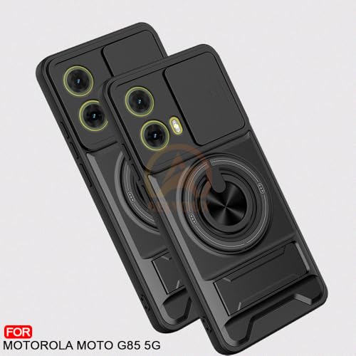 Image of Moto G85 5G Back Cover | Armor Camera Slider 360 Degree Rotating Finger Ring Holder Case with Bracket Stand Back Case Cover (Compatible with MagSafe Accessories) (Black)
