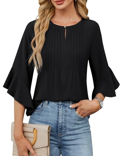 BMJL Women's 3/4 Sleeve Blouses Dressy Casual V Neck Ladies Tops Trendy Summer Work Shirts(Black,XL