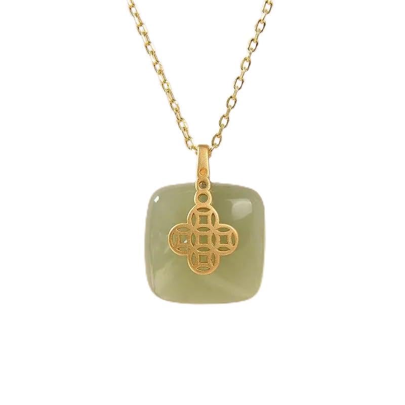 204DealnowGreen Jade Copper Coin Square Pendant Jewelry Creative Classical Temperament 925 Silver 18K Gold Plated Necklace Natural Accessories For Women