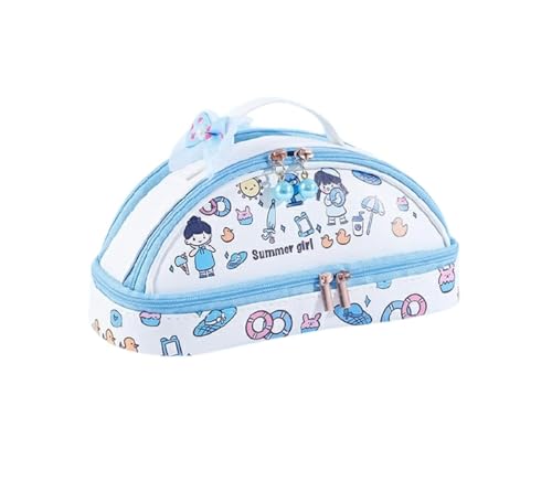 Image of Kawaii Large Capacity Pencil Case with Pearl Zipper Washable Durable PU Leather Pen Bag, Cute School Stationery Organizer for Girls, Kids, Teens, Students (Summer Girl Blue Pouch)