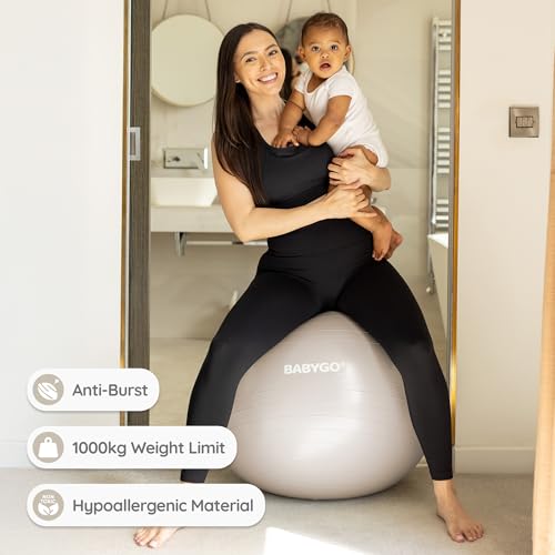 BABYGO Birthing Ball - Pregnancy Yoga Labor & Exercise Ball & Book Set Trimester Targeting, Maternity Physio, Birth & Recovery Plan Included Anti Burst Eco Friendly (Oatmeal, 65cm)