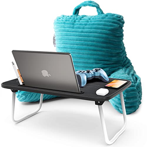 Image of Nestl Teal Reading Pillow with Bed Desk for Laptop and Writing, Luxe Cut Plush Back Pillow for Sitting Up, Back and Arms Adjustable Support for Kids and Teens, Foldable Lap Desk for Bed 19x11 inch
