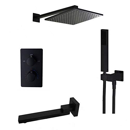 Système de douche thermostatique noir anti-calcaire avec grand ciel de pluie 12"