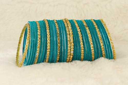 Image of NMII Premium Glass & Golden Beads Velvet Bangle Set For Women and Girls | Velvet Chudi | Traditional Chudi Set | Designer Girl's Bangles Bracelet | Wedding, Party, Festive, Daily- Set of 34