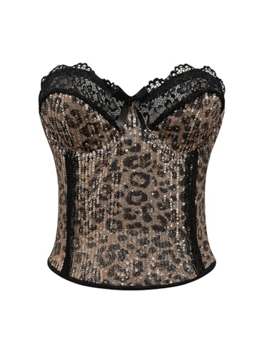 SweatyRocks Women's Sparkly Sequin Lace Corset Tops Leopard Print Strapless Y2K Tube Top Streetwear