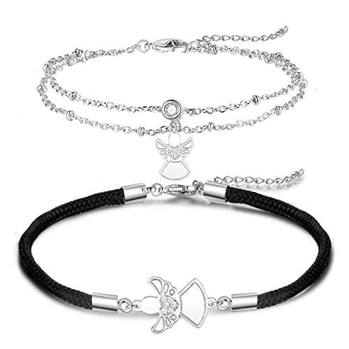 Gkmamrg Schutzengel Pärchen Geschenke Armband 925 silber - Partnerarmbänder Glücksbringer mit Engel Anhänger Armkette schwarz silber Cover