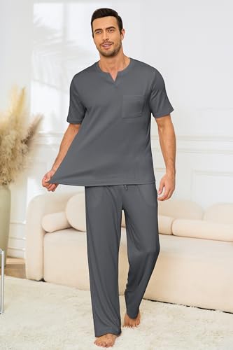 Image of JiniGolla Mens Pajamas Set Soft Short Sleeve Top and Pant Loungewear Sets 2 Piece Pjs with Pockets