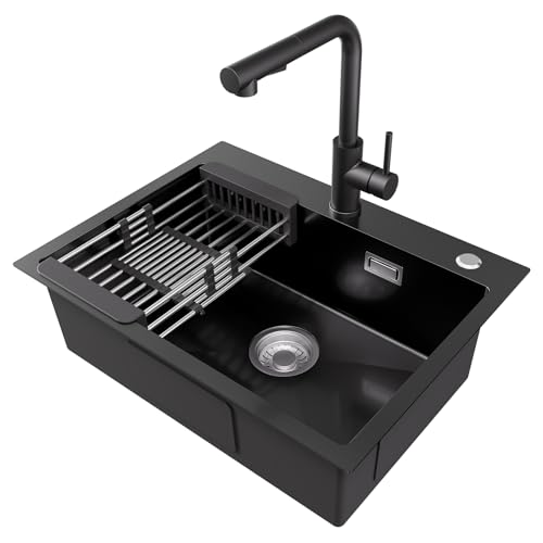 CECIPA Fregadero de cocina color antracita 60 x 45 cm + grifo de cocina extensible negro cepillado, ratillo, fregadero de cocina con escurreplatos y sifón, fregadero de cocina 1 lavabo rectangular