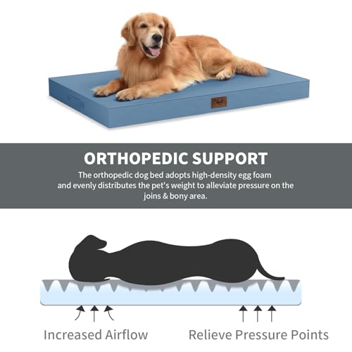 Image of Outdoor Large Dog Bed, Waterproof Dog Bed for Large Dogs, Egg Crate Foam Pet Bed with Removable Washable Oxford Cooling Cover, Blue