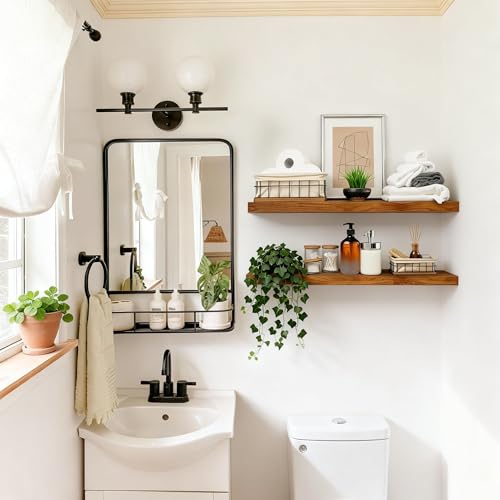Image of IAE Led Floating Wall Shelves 24 inch,Bathroom Shelf Wall Mounted,Invisible Shelf Floating Kitchen Shelves,Wooden wall Shelving with Brackets for Living Room wall Mounted,Easy Install,Set of 2,Teak