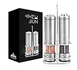 Electric Salt and Pepper Grinder Set of 2 with Metal Stand-Battery Operated Salt&Pepper Mills with LED Light-Ceramic Grinders and One Handed Operation Powered Shakers for Kitchen Tools by CHEW FUN