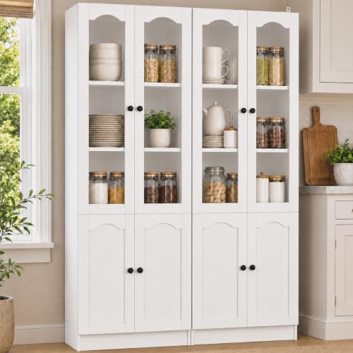Image of Cyclysio 80 inch Tall Pantry Cabinet with 8 Doors, Natural Oak Kitchen Pantry Storage Cabinet with Built-in Baseboard Notch & Adjustable Shelves - Kitchen Storage Cabinet for Dining, Living Room, Office
