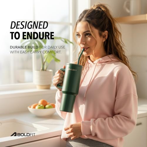 Image of Boldfit Tumbler Bottle with Lid and Straw 1.2L Stainless Steel Water Tumbler | Leakproof Travel Mug with Handle & Reusable Straw Sipper with Cleaning Brush 1200ml