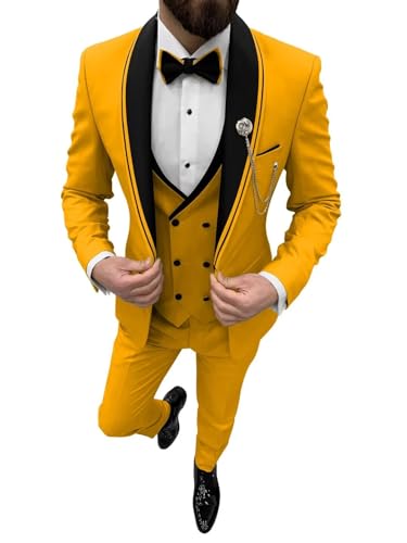 HUUTOE Men's Tuxedo Suits Slim Fit 3 Piece Stylish Wedding Dinner Formal Suit Black Edged Shawl Lapel Suit Set with Bow Tie