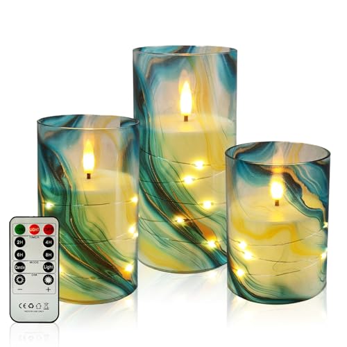 Image of Flickering Flameless Candles, Recessed String Light LED Candles 3D Wick Acrylic Battery Operated LED Pillar Candles with Remote and Timer for Modern Simple Home Decor Set of 3(Marble Printed)