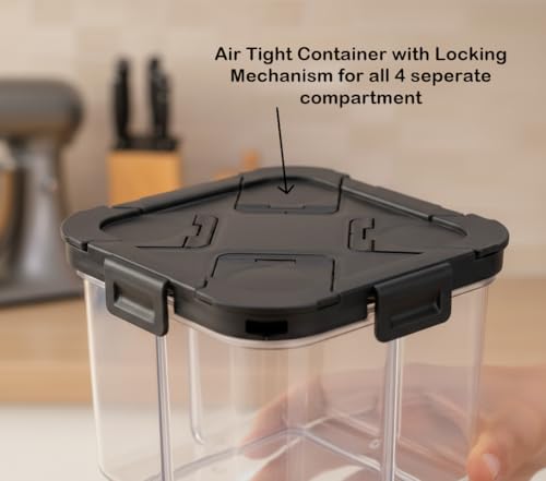 Image of Swaze Multipurpose Plastic 4 In 1 Masala Box for Kitchen, Spice Boxes for Kitchen, Transparent 4 Section Storage Containers Airtight Lock Grocery,Cereal,Dry Fruits Dabba 2000 ML (Black)