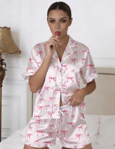 DOLOS Satin Pajama Set for Women Short Sleeve Silky Pjs (‌Pink Bow, L)