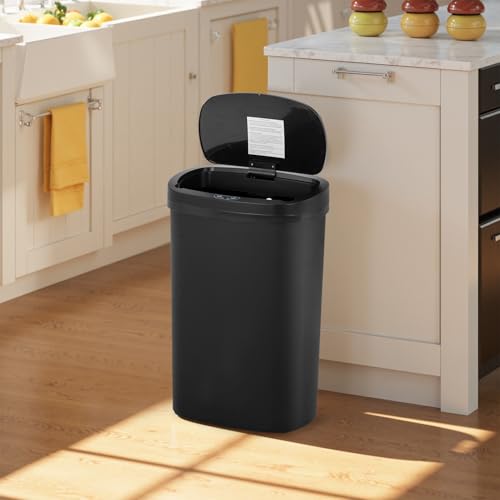 Image of BestOffice | 13 Gallon Plastic Trash Can with Lid | Dark Black | Automatic Touchless Garbage Can | Odor Control | Modern Oval Design | Easy to Clean | For Kitchen, Bathroom, Office or Home