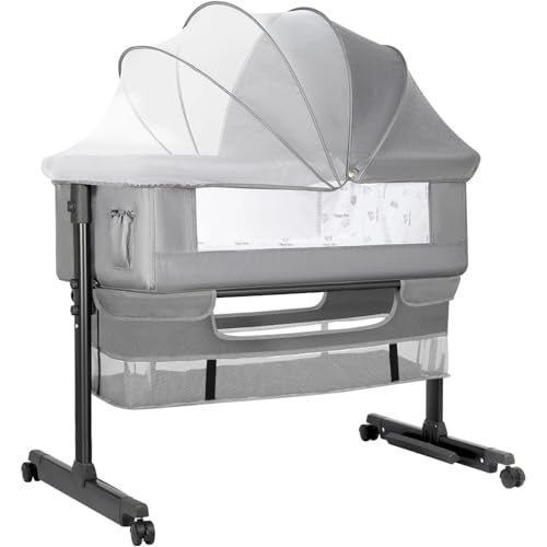 Image of FHUKMZOI Baby Bassinets Bedside Sleeper, 3 in 1 Baby Bassinet, Adjustable Easy Folding Portable Bed, with Mosquito Nets, Large Storage Bag, Comfortable Mattresses, for Infant/Baby/Newborn (Gray)