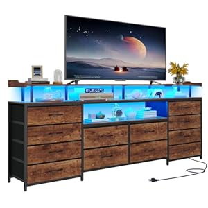 TV Stand Dresser for 65 Inch TV, 63″ W Dresser with LED Lights & Power Outlets, Rustic Brown Long Dresser with 12 Fabric Drawers, Entertainment Center with Shelves,for Bedroom