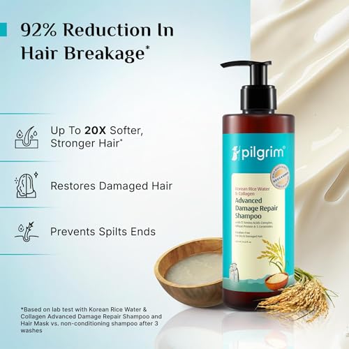 Image of Pilgrim Korean Rice Water & Collagen Advanced Damage Repair Shampoo - 400ml | with 17 Amino Acids, Wheat Protein & 5 Ceramides | Paraben-Free | For Dry & Damaged Hair | For Women and Men