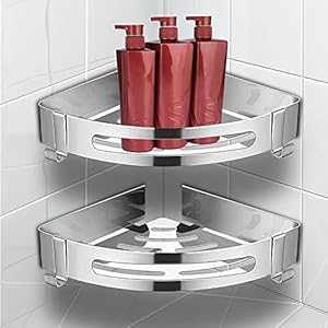Wrei Doucheplank, hoekplank, douchemand, keuken, plank, doucheplanken, hoekplank, roestvrij staal, badkamerrek, zelfklevend, shampoohouder met 4 haken, voor badkamer, keuken, opslag (2 stuks zilver)