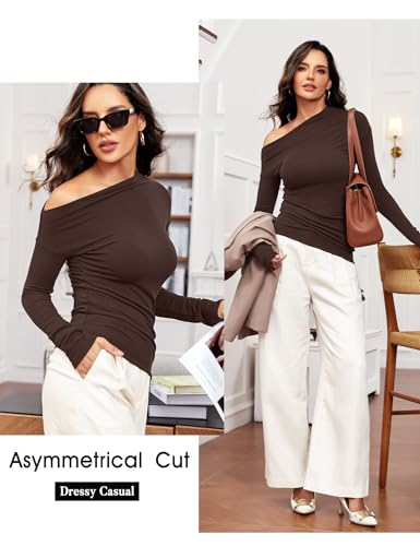 Women's Sexy Off Shoulder Tops Dressy Long Sleeve Asymmetrical Slim Fit Going Out Fall Blouse Ruched Shirts4