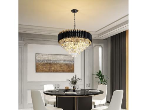 Image of Modern Black & Gold Crystal Moving Chandelier, 600mm (60 Cm. (23.6 Inch) Round LED Pendant Light with Remote Control, Multicolour changing ,Luxury Contemporary Ceiling Light Fixture For decoration A