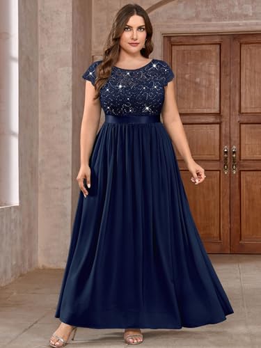 Knitee Women's Plus Size Sequin Floral Lace Formal Bridesmaid Party Flowy Maxi Dress3