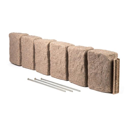 Beuta Landscape Edging | Garden Edging Border | Faux Stone Block XL for Lawn Edging, Flower Beds & Yard Edging – 1 Pack | Each Section Has 6 Blocks 48" L x 4" W x 9.5" H | 3 Spikes | Sandstone