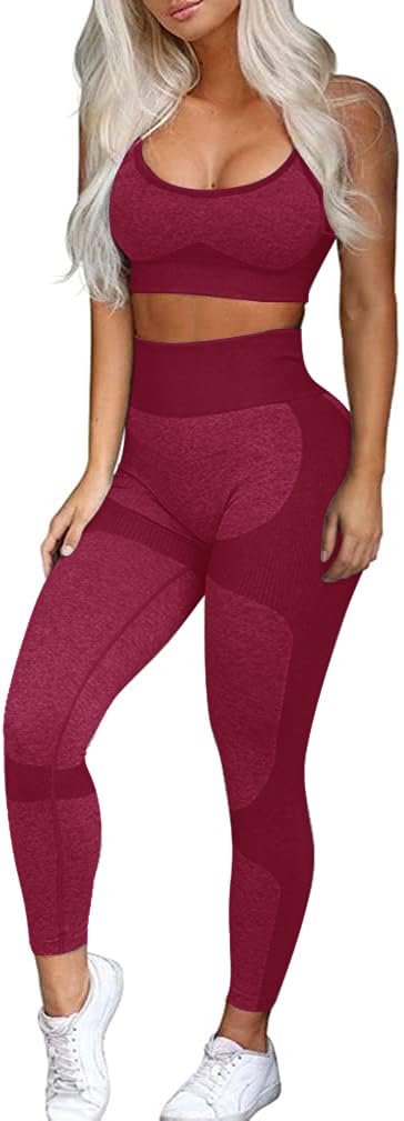 Womens Workout Sets 2 Piece Seamless Leggings Criss-Cross Sports Bra