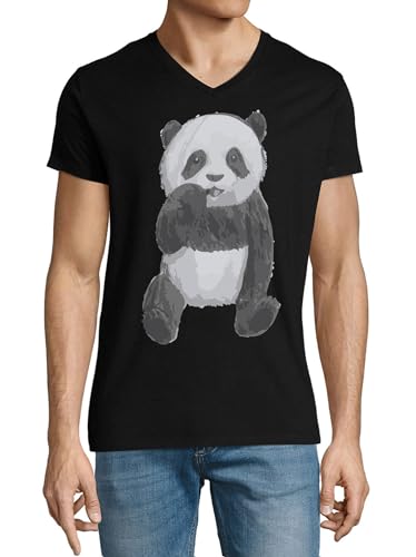 T-Shirt Homme Dessin Panda Noir Col V pour Sorties Décontractées