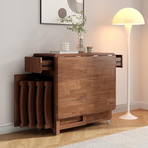 Hearthform Space Saving Folding Dining Table with Wheels No Assembly Required Solid Wood Extending Kitchen & Dining Table in Walnut Rolls Away for Storage130CMWithout Chairs