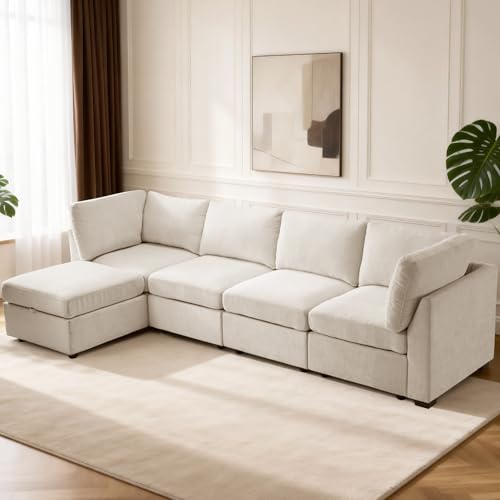 Image of TEKAMON 122 inch L Shaped Modern Sofa Modular Sectional Couch with Ottoman, 5-Seat Chenille Deep Seat Sofa for Living Room, Bedroom and Apartment, Beige