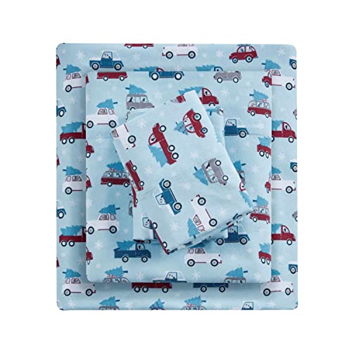 Sleep Philosophy True North Cozy Flannel Warm 100% Cotton Sheet - Novelty Print Animals Stars Cute Ultra Soft Cold Weather Bedding Set, Queen, Blue Cars, 4 Piece