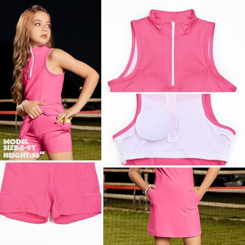 Image of Perfashion Girls Tennis Dress 1 /4 Zip Golf Outfit Built-in Bra & Shorts Pickleball Athletic Dress Workout Pockets 4-13Y