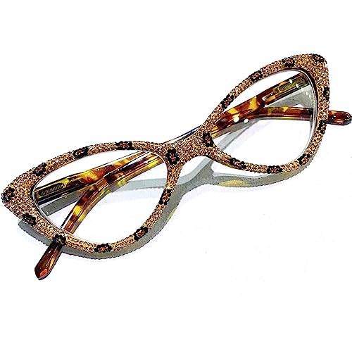 mincl Cat Eye Crystal Rhinestone Reading Glasses for Women Sparkling Eyewear Frames Female Trendy bling Diamond Reader (leopard, 2.5, multiplier_x)