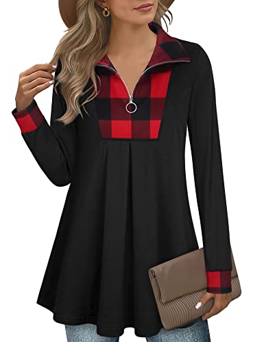 Timeson Long Tunic Tops To Wear With Legging,Swing Winter Sweater Plus Size Ladies Plaid Thick Ugly Christmas Sweatshirt Long Sleeve Zip Down Flare Dressy Shirts Loose Cotton V Neck Maternity Tops #TOP4