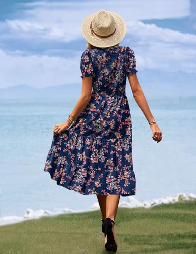 Image of YESNO Women's Summer Causal Puff Short Sleeve Smocked Dress Elastic Waist Tiered Midi Dress with Pockets EP2